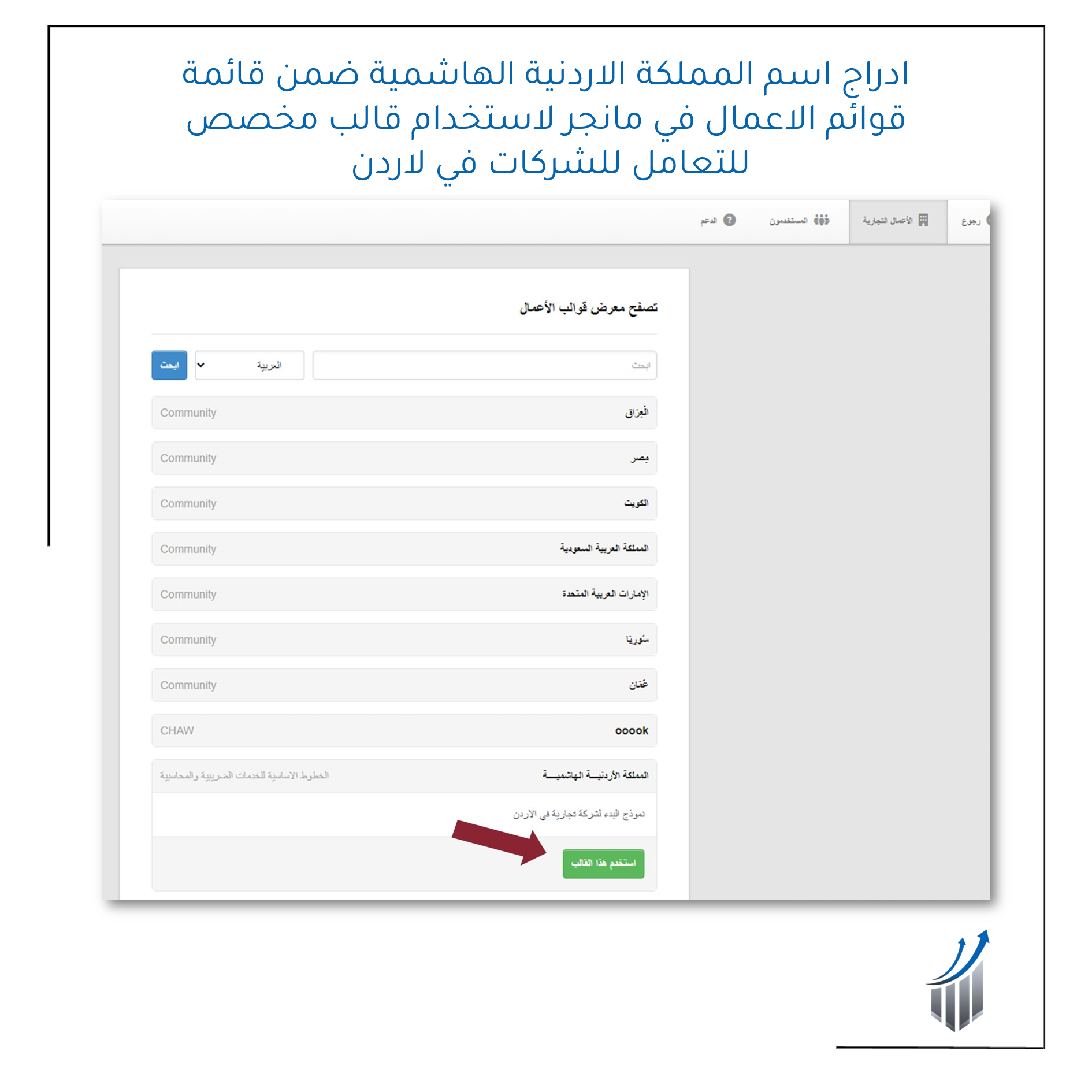 قالب عمل ونموذج مخصص لشركة تجارية مقيمة في الاردن الخطوط الاساسية | موزع برنامج مانجر المعتمد في الاردن